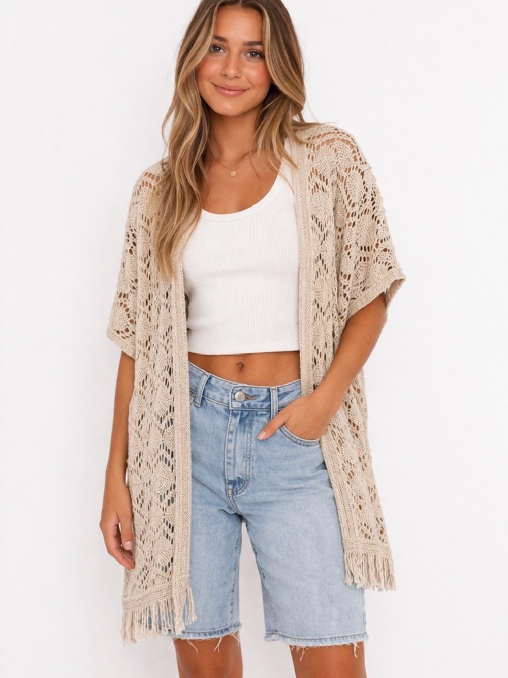 Bishop + Young Crochet Fringe Open Cardigan Beige S/M